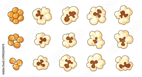 Sequential illustration of corn kernels heating up and popping into fluffy white popcorn, capturing the fun and tasty transformation process.