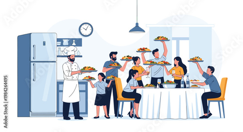 Busy restaurant scene with a chef and several waiters carrying platters of food to a group of people sitting at a large indoor dining table.