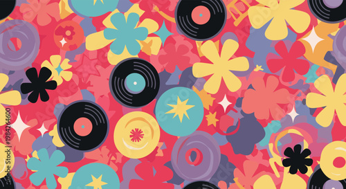 Vibrant 70s inspired seamless pattern featuring vinyl records, colorful flowers, and geometric stars in a retro collage style.