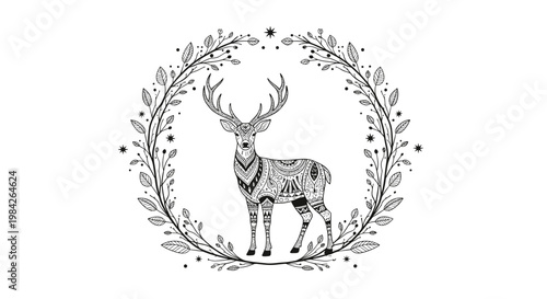 Intricate black and white illustration of a deer decorated with ethnic tribal patterns standing inside a leaf and star wreath.