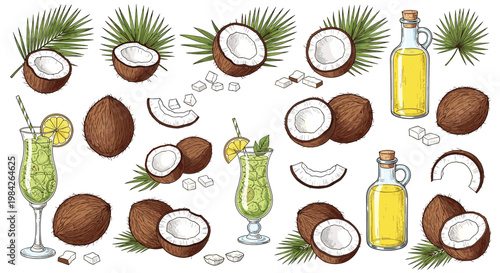 Artistic collection of hand drawn coconut illustrations including halved fruits, oil bottles, cocktail drinks, and cubes.