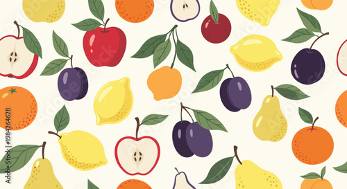 Refreshing seamless pattern featuring a variety of fruits like apples, oranges, lemons, and plums with leaves on a light background.