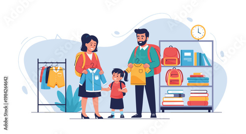 Family scene illustration showing a father, mother, and child shopping for school clothes and supplies in a retail store.