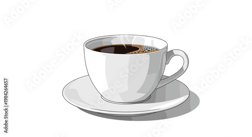 Realistic vector illustration of a white ceramic cup and saucer filled with hot black coffee and light steam rising.