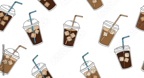Trendy seamless pattern with various plastic cups of iced coffee and dark cold brew drinks with colorful straws.