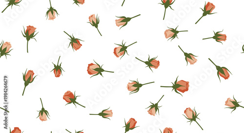 Beautiful seamless pattern with small peach colored rose buds and green stems arranged on a white background.