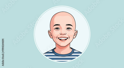Heartwarming portrait of a cheerful bald young boy with a wide smile in a circular frame against a teal background.