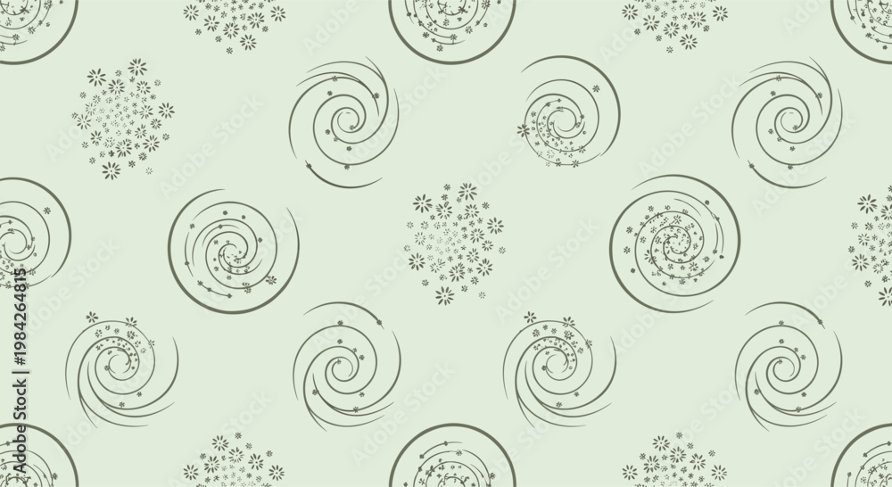 Fototapeta premium Abstract seamless pattern featuring green spiral motifs and clusters of small stars or flowers on a pale green background.