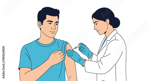 Healthcare professional in a white coat and gloves administering a vaccine to a young male patient in a clean flat illustration.