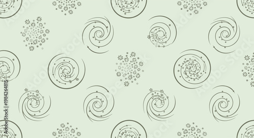 Abstract seamless pattern featuring green spiral motifs and clusters of small stars or flowers on a pale green background.
