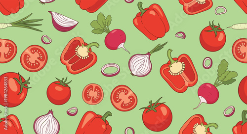 Vibrant seamless pattern of fresh vegetables including tomatoes, peppers, radishes, and onions on a soft green background.