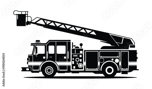 Fire Rescue Truck Silhouette Vector, Emergency Fire Engine Black Icon, Firefighter Response Vehicle Design on White Background