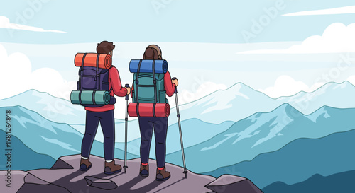 Adventurous couple with backpacks and hiking poles standing on a cliff edge overlooking a vast mountain range landscape.