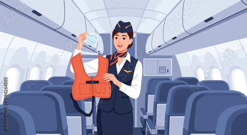 Smiling flight attendant in uniform demonstrating the use of an orange life vest and an oxygen mask inside an airplane cabin.