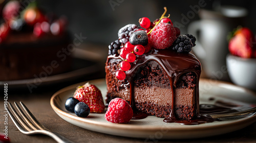 Macro photography of chocolate cake slice with glossy ganache and berries, rich textures, moody lighting, elegant dessert presentation