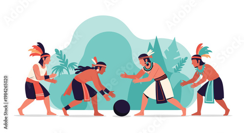 Group of indigenous people in traditional clothing and feather headdresses playing a ball game in a tropical landscape.