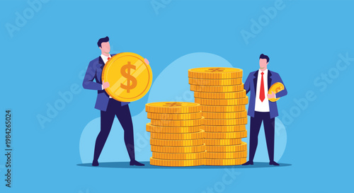 Two businessmen in blue suits standing with large stacks of gold coins representing financial success and wealth growth.