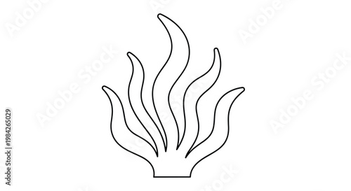 Simple black and white line art illustration of underwater seaweed or ornamental grass plant on a plain white background.