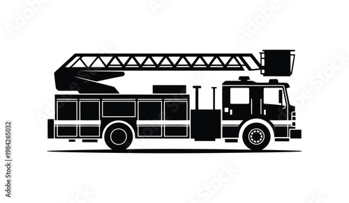 Fire Rescue Truck Silhouette Vector, Emergency Fire Engine Black Icon, Firefighter Response Vehicle Design on White Background