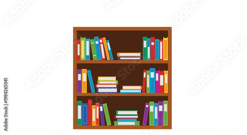 Three tier wooden bookshelf filled with various colorful books organized in stacks and rows for a home library or study room.