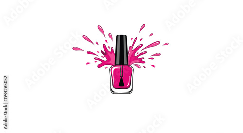 Magenta pink nail polish bottle with a dynamic paint splash effect isolated on a white background for beauty and cosmetics advertising.