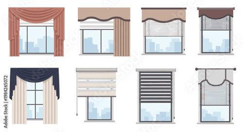 Collection of different window covering styles including traditional curtains, roller blinds, and horizontal slats for interior design.