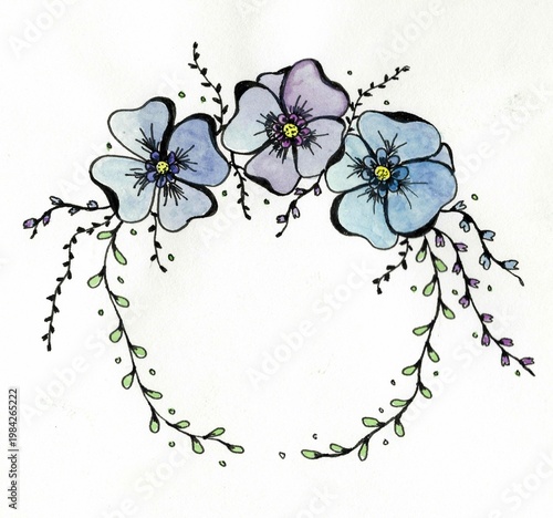 Watercolor ink floral wreath with blue flowers delicate hand drawn illustration
