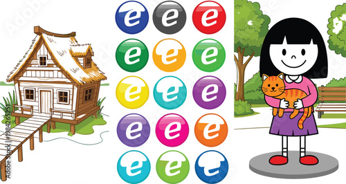 Vector Illustration Set Featuring Wooden Cabin House, Colorful Internet Browser Icons Collection, and Cute Girl Holding Cat Cartoon Character