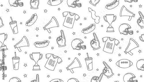 Vector illustration of seamless football fan pattern with helmets, jerseys, foam fingers, megaphones, trophies, drinks, and hot dogs