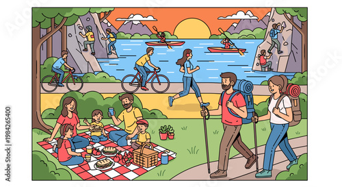 A vibrant illustration depicting a diverse range of outdoor recreational activities enjoyed by people of all ages in a scenic natural landscape.
