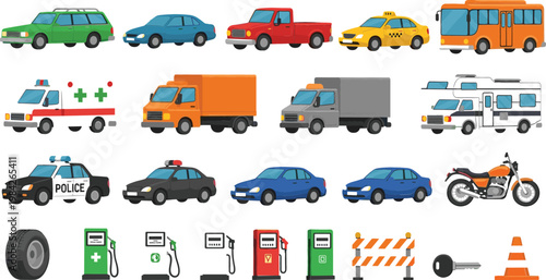 Flat Vector Transportation Icon Set Featuring Cars Taxi Bus Truck Ambulance Police Vehicle Motorcycle Fuel Pump Traffic Barrier and Road Safety Elements