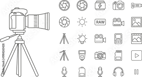 Colorful vector illustration of photography and videography icons symbolizing media, creativity, and production