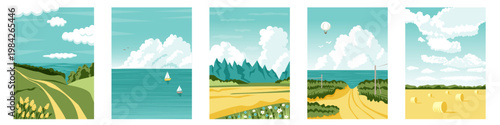 Summer landscape set. Coast, sea or lake, fluffy cumulus clouds in the sky, fields, hills, road, wild flowers, birds. Scenery, peaceful outdoor environment. Nature. Travel tour. Vector   