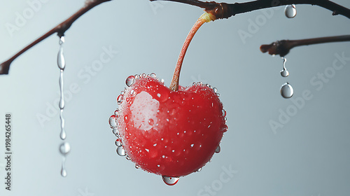 A ripe red cherry hangs from a branch with water droplets on it