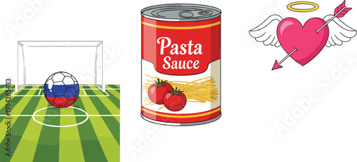 Vector Illustration Set Featuring Soccer Ball with Russian Flag on Football Field Goal, Pasta Sauce Can with Tomatoes, and Winged Heart Love Symbol