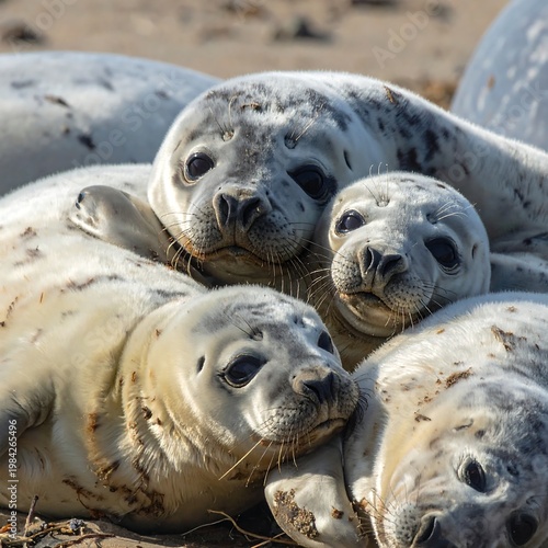 Four seals huddled together on a sandy surface