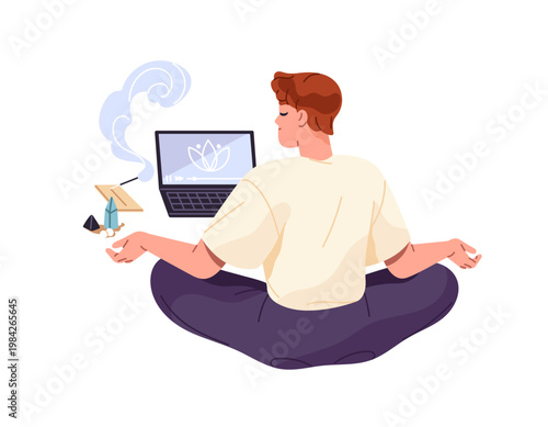 Boy sits in lotus pose and listens to mantra back view. Young man with incense practices meditation in asana. Person meditates at training, yoga workout. Flat isolated vector illustration on white