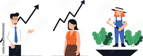 Business Growth Arrow Chart with Businessman Presentation, Female Character, and Farmer Gardening Illustration Representing Finance Success and Agriculture Work Vector