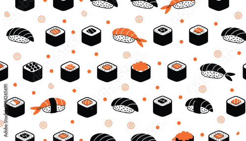 Colorful vector illustration of sushi doodle pattern symbolizing Japanese cuisine and culinary culture
