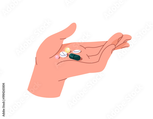 Hand holding different tablets and capsules. Person takes pills, vitamins or supplements. Cure and remedy to care about health. Healthcare and pharmacy. Flat isolated vector illustration on white.