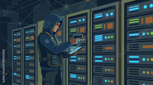 Cybersecurity specialist scanning servers in a data center room