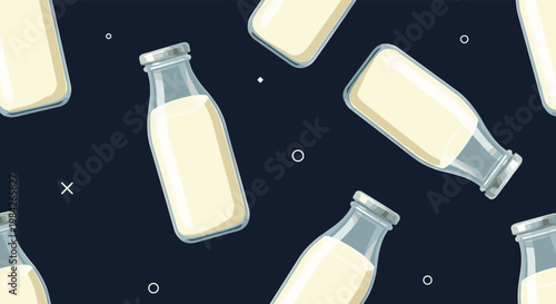 Seamless pattern with glass milk bottles floating on a dark navy blue background with geometric decorative elements.