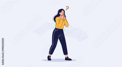 Young woman in casual clothing looking surprised and confused with a question mark above her head on a light blue background.