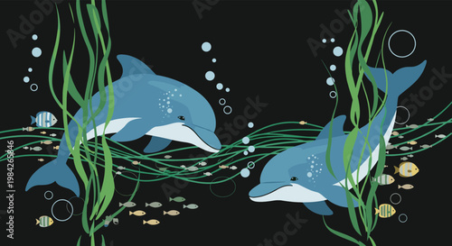 Two blue dolphins swimming gracefully through green kelp and schools of small fish in the deep ocean on a dark background.