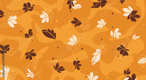 Seamless autumn pattern with stylized falling leaves in warm brown and beige tones on a vibrant orange background.