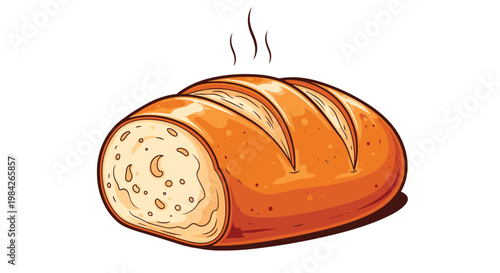 Hand drawn illustration of a freshly baked loaf of bread sliced at the front with warm steam rising from the top.