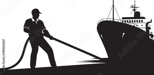 Silhouette of a man operating a fire hose on a ship during firefighting training or emergency response