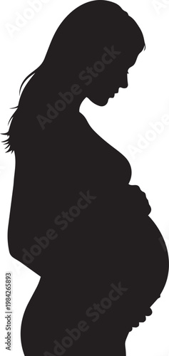 Silhouette of pregnant woman standing in profile with hands on belly on a plain background