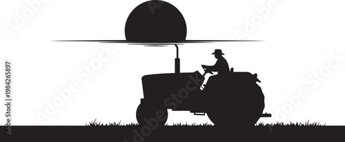 Farmer driving tractor silhouette with hay bale or sun