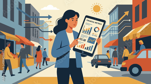 Professional woman checking market trends and financial data in city